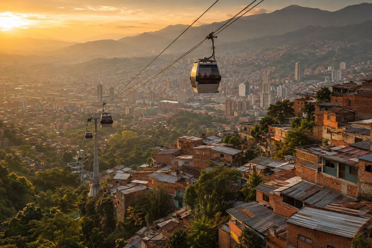 Cabinas del Metrocable sobre Medellín